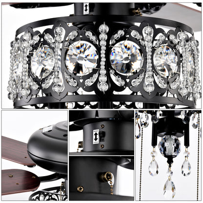 52'' Crystal Shade Ceiling Fan Lamp With Remote Control,3 Speed ,4 Timing , 5 Reversible Blades Crystal Ceiling Fan ,3PCS*E12 (NO Include Bulb) -- Hand Pull Chain