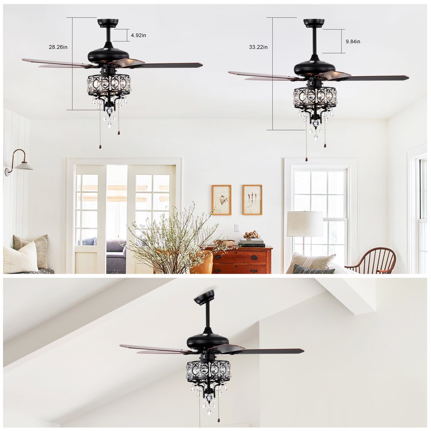 52'' Crystal Shade Ceiling Fan Lamp With Remote Control,3 Speed ,4 Timing , 5 Reversible Blades Crystal Ceiling Fan ,3PCS*E12 (NO Include Bulb) -- Hand Pull Chain