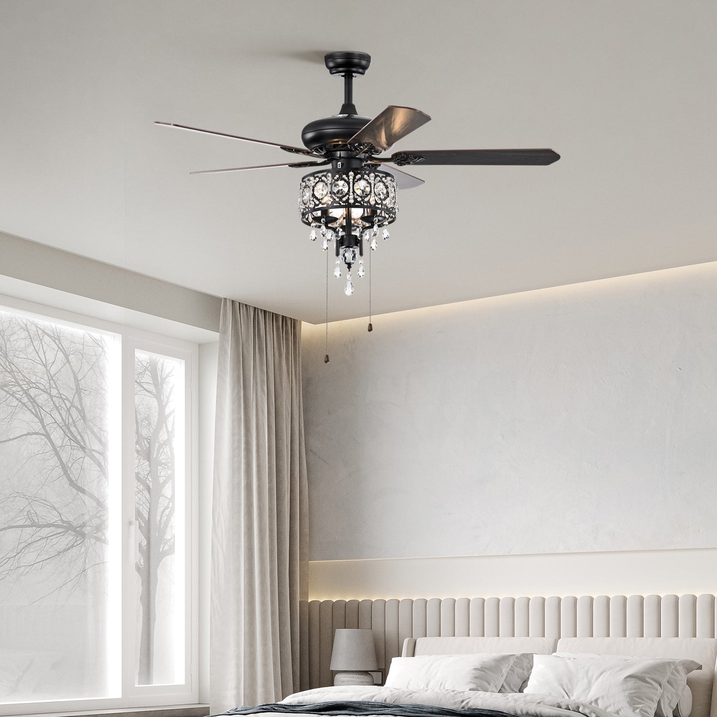 52'' Crystal Shade Ceiling Fan Lamp With Remote Control,3 Speed ,4 Timing , 5 Reversible Blades Crystal Ceiling Fan ,3PCS*E12 (NO Include Bulb) -- Hand Pull Chain