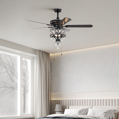 52'' Crystal Shade Ceiling Fan Lamp With Remote Control,3 Speed ,4 Timing , 5 Reversible Blades Crystal Ceiling Fan ,3PCS*E12 (NO Include Bulb) -- Hand Pull Chain