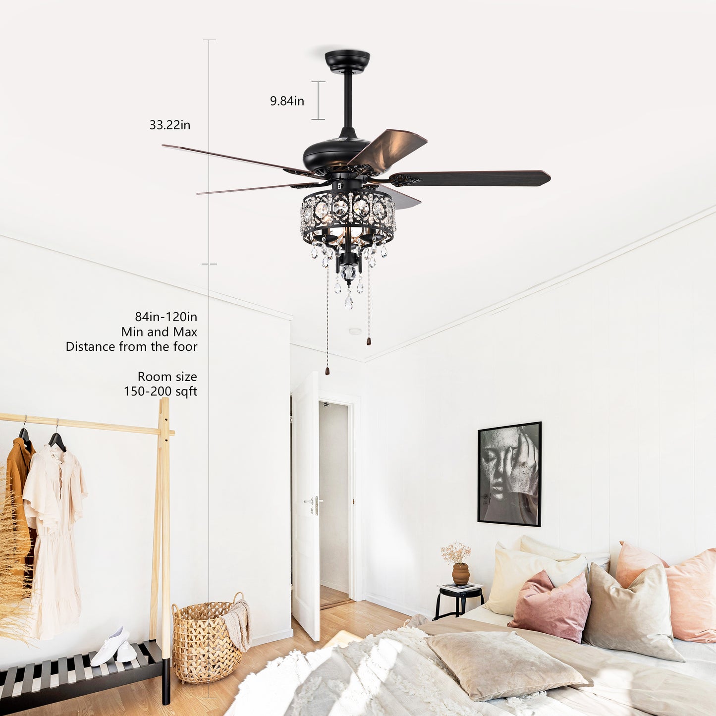 52'' Crystal Shade Ceiling Fan Lamp With Remote Control,3 Speed ,4 Timing , 5 Reversible Blades Crystal Ceiling Fan ,3PCS*E12 (NO Include Bulb) -- Hand Pull Chain