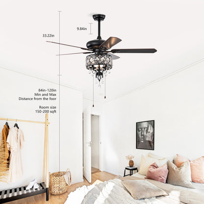 52'' Crystal Shade Ceiling Fan Lamp With Remote Control,3 Speed ,4 Timing , 5 Reversible Blades Crystal Ceiling Fan ,3PCS*E12 (NO Include Bulb) -- Hand Pull Chain