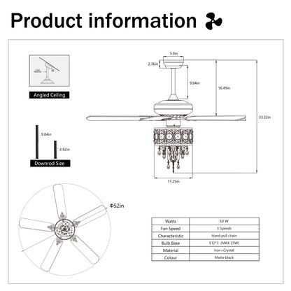 52'' Crystal Shade Ceiling Fan Lamp With Remote Control,3 Speed ,4 Timing , 5 Reversible Blades Crystal Ceiling Fan ,3PCS*E12 (NO Include Bulb) -- Hand Pull Chain