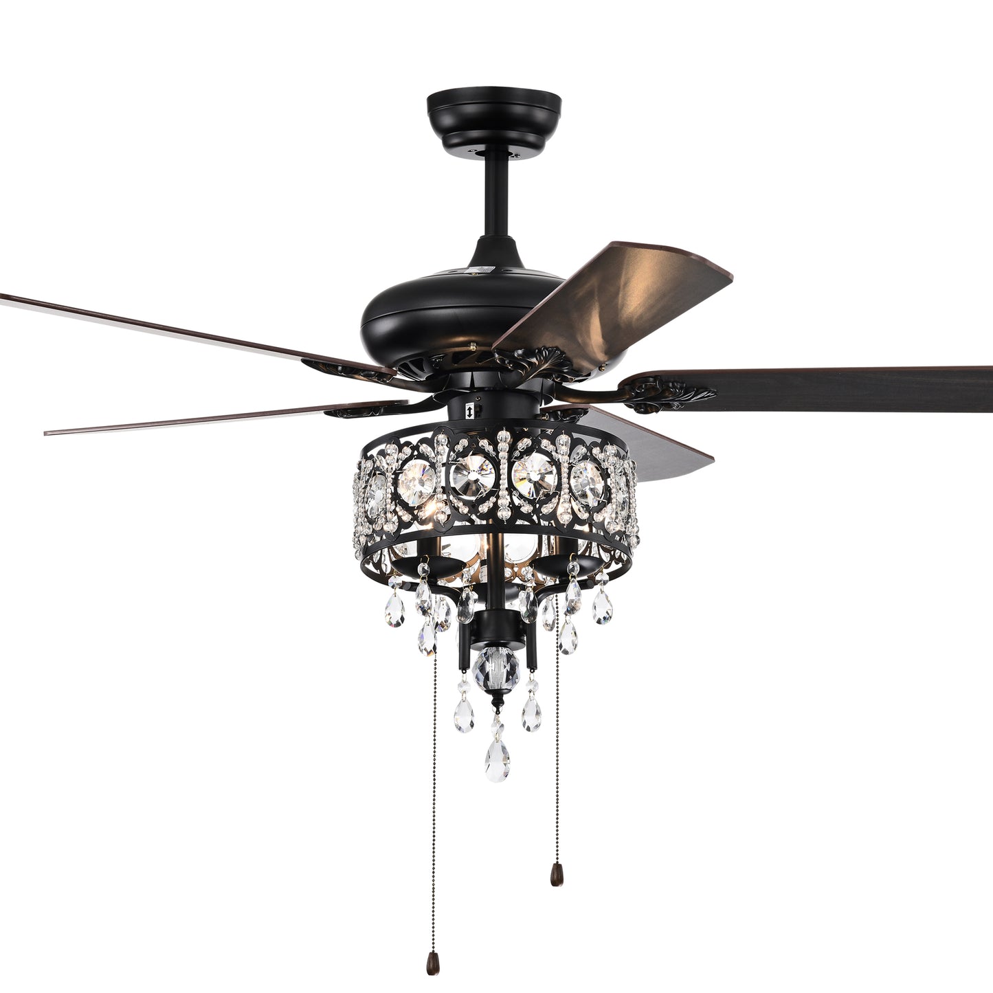 52'' Crystal Shade Ceiling Fan Lamp With Remote Control,3 Speed ,4 Timing , 5 Reversible Blades Crystal Ceiling Fan ,3PCS*E12 (NO Include Bulb) -- Hand Pull Chain