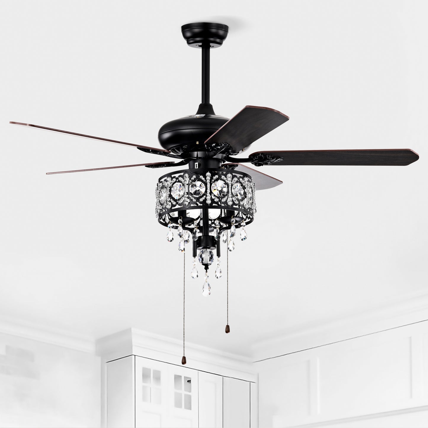 52'' Crystal Shade Ceiling Fan Lamp With Remote Control,3 Speed ,4 Timing , 5 Reversible Blades Crystal Ceiling Fan ,3PCS*E12 (NO Include Bulb) -- Hand Pull Chain