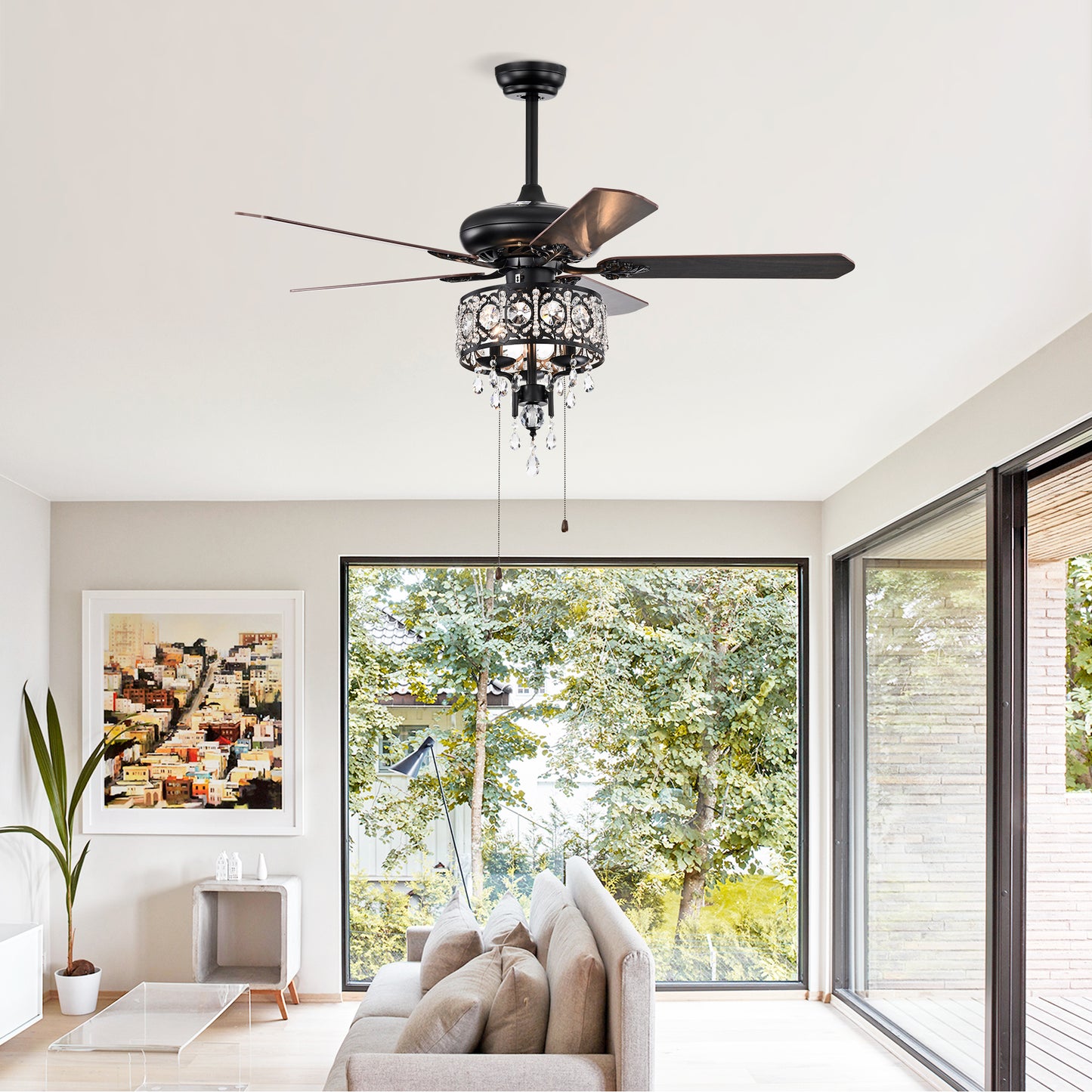 52'' Crystal Shade Ceiling Fan Lamp With Remote Control,3 Speed ,4 Timing , 5 Reversible Blades Crystal Ceiling Fan ,3PCS*E12 (NO Include Bulb) -- Hand Pull Chain