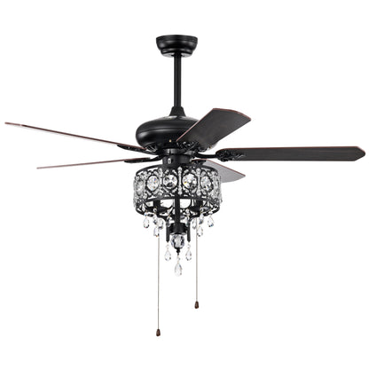 52'' Crystal Shade Ceiling Fan Lamp With Remote Control,3 Speed ,4 Timing , 5 Reversible Blades Crystal Ceiling Fan ,3PCS*E12 (NO Include Bulb) -- Hand Pull Chain