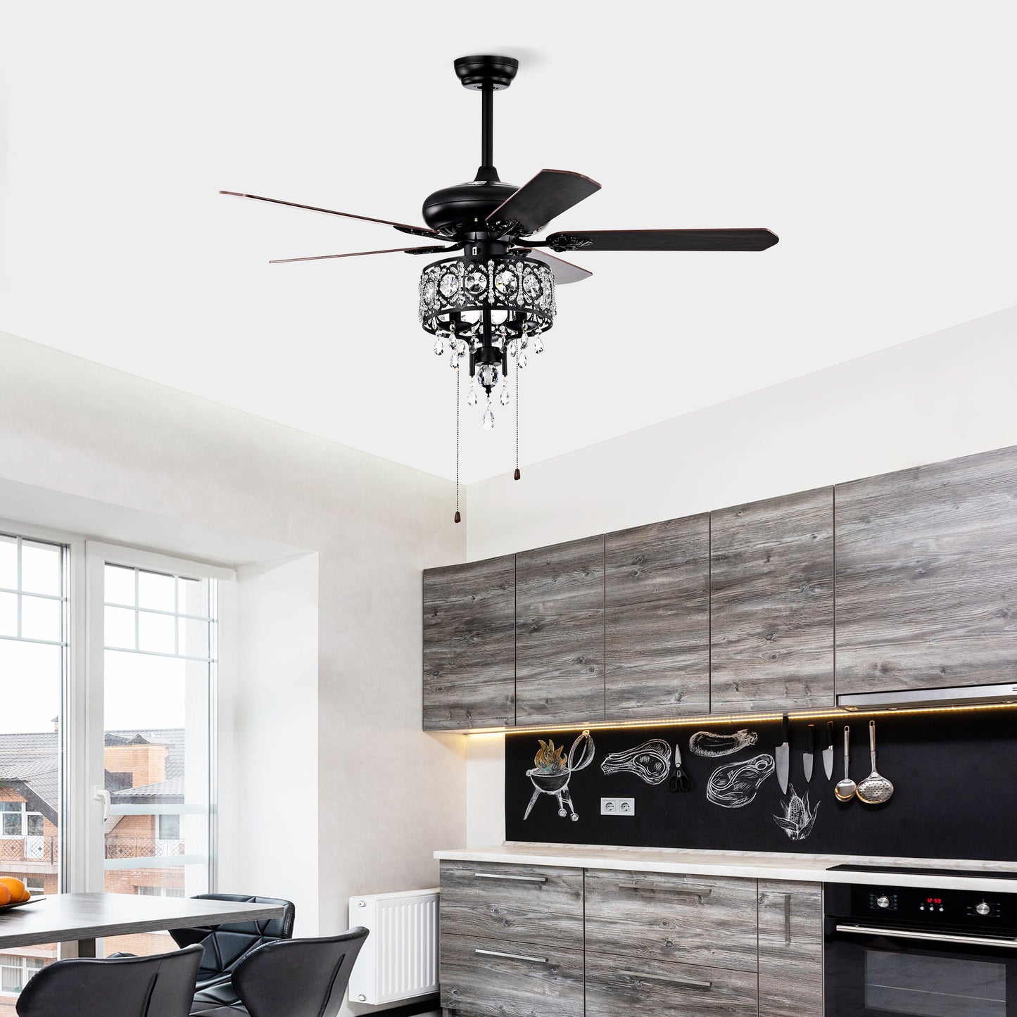 52'' Crystal Shade Ceiling Fan Lamp With Remote Control,3 Speed ,4 Timing , 5 Reversible Blades Crystal Ceiling Fan ,3PCS*E12 (NO Include Bulb) -- Hand Pull Chain