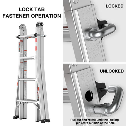 17ft Multi-Position Foldable Aluminum Ladder, A-Frame and Straight Ladder, ANSI 250lbs