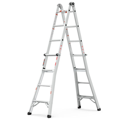 17ft Multi-Position Foldable Aluminum Ladder, A-Frame and Straight Ladder, ANSI 250lbs