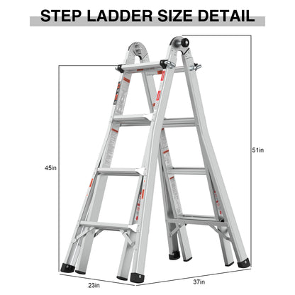 17ft Multi-Position Foldable Aluminum Ladder, A-Frame and Straight Ladder, ANSI 250lbs