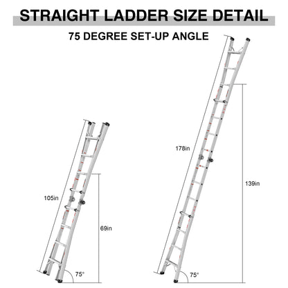 17ft Multi-Position Foldable Aluminum Ladder, A-Frame and Straight Ladder, ANSI 250lbs