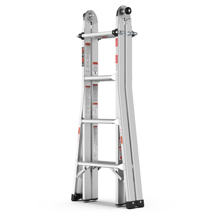 17ft Multi-Position Foldable Aluminum Ladder, A-Frame and Straight Ladder, ANSI 250lbs