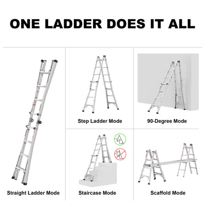 17ft Multi-Position Foldable Aluminum Ladder, A-Frame and Straight Ladder, ANSI 250lbs