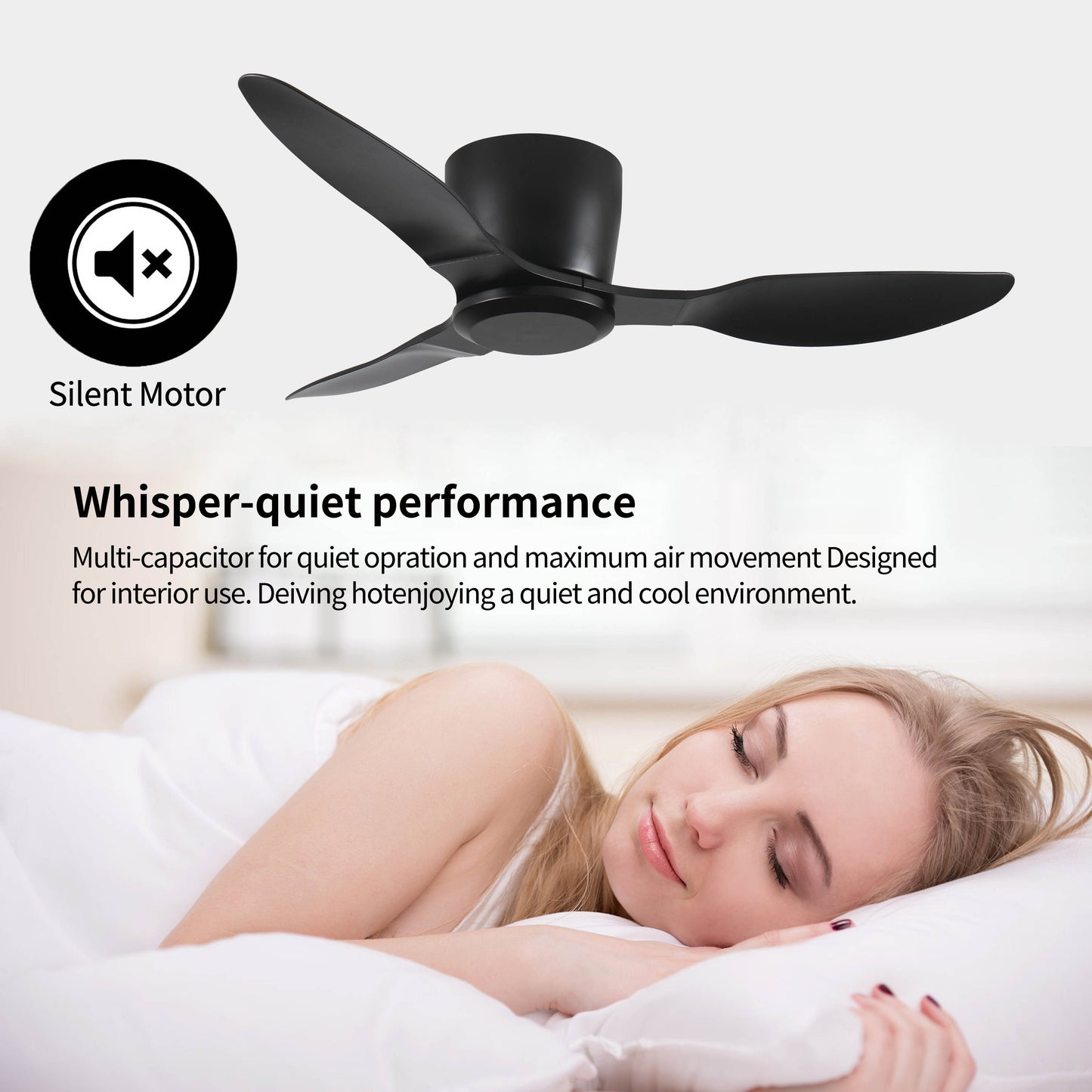 40" Flush Mount Ceiling Fan without light, 3 Reversible Blades, with 6 Speeds Reversible DC Motor,Low Profile Ceiling Fan with no light for Living Room Kitchen Bedroom