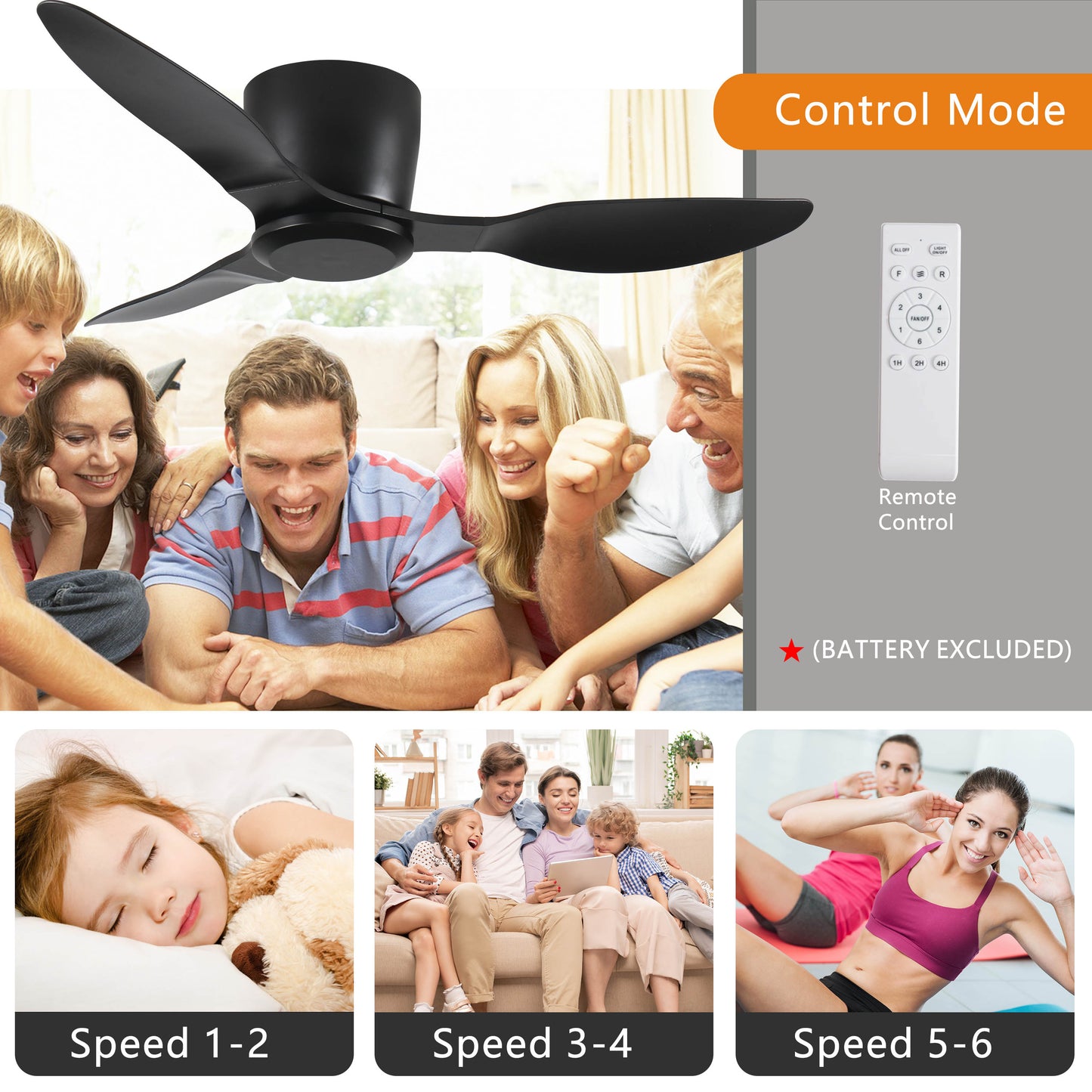 40" Flush Mount Ceiling Fan without light, 3 Reversible Blades, with 6 Speeds Reversible DC Motor,Low Profile Ceiling Fan with no light for Living Room Kitchen Bedroom