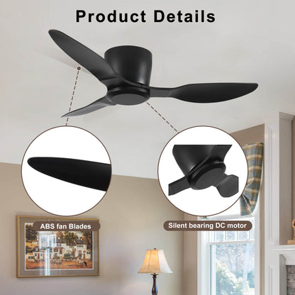 40" Flush Mount Ceiling Fan without light, 3 Reversible Blades, with 6 Speeds Reversible DC Motor,Low Profile Ceiling Fan with no light for Living Room Kitchen Bedroom