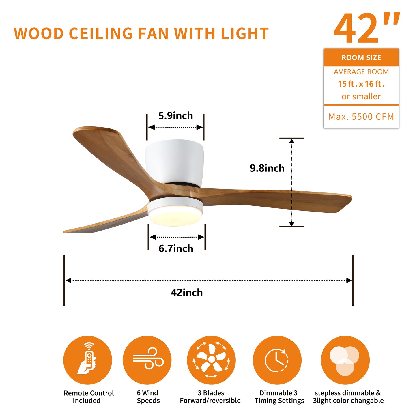42 inch Wood Ceiling Fans with Lights and Remote, Modern Flush Mount Low Profile Ceiling Fan with Light, 6 Speed, Reversible DC Motor, for Bedroom/Outdoor/Farmhouse/Patios