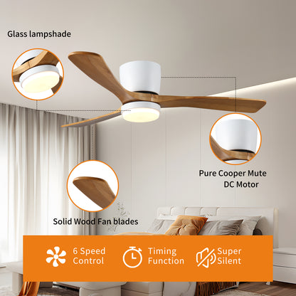 42 inch Wood Ceiling Fans with Lights and Remote, Modern Flush Mount Low Profile Ceiling Fan with Light, 6 Speed, Reversible DC Motor, for Bedroom/Outdoor/Farmhouse/Patios