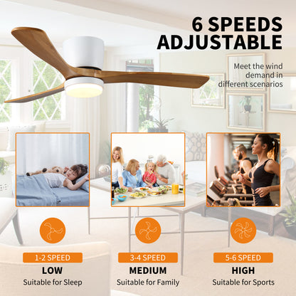 42 inch Wood Ceiling Fans with Lights and Remote, Modern Flush Mount Low Profile Ceiling Fan with Light, 6 Speed, Reversible DC Motor, for Bedroom/Outdoor/Farmhouse/Patios