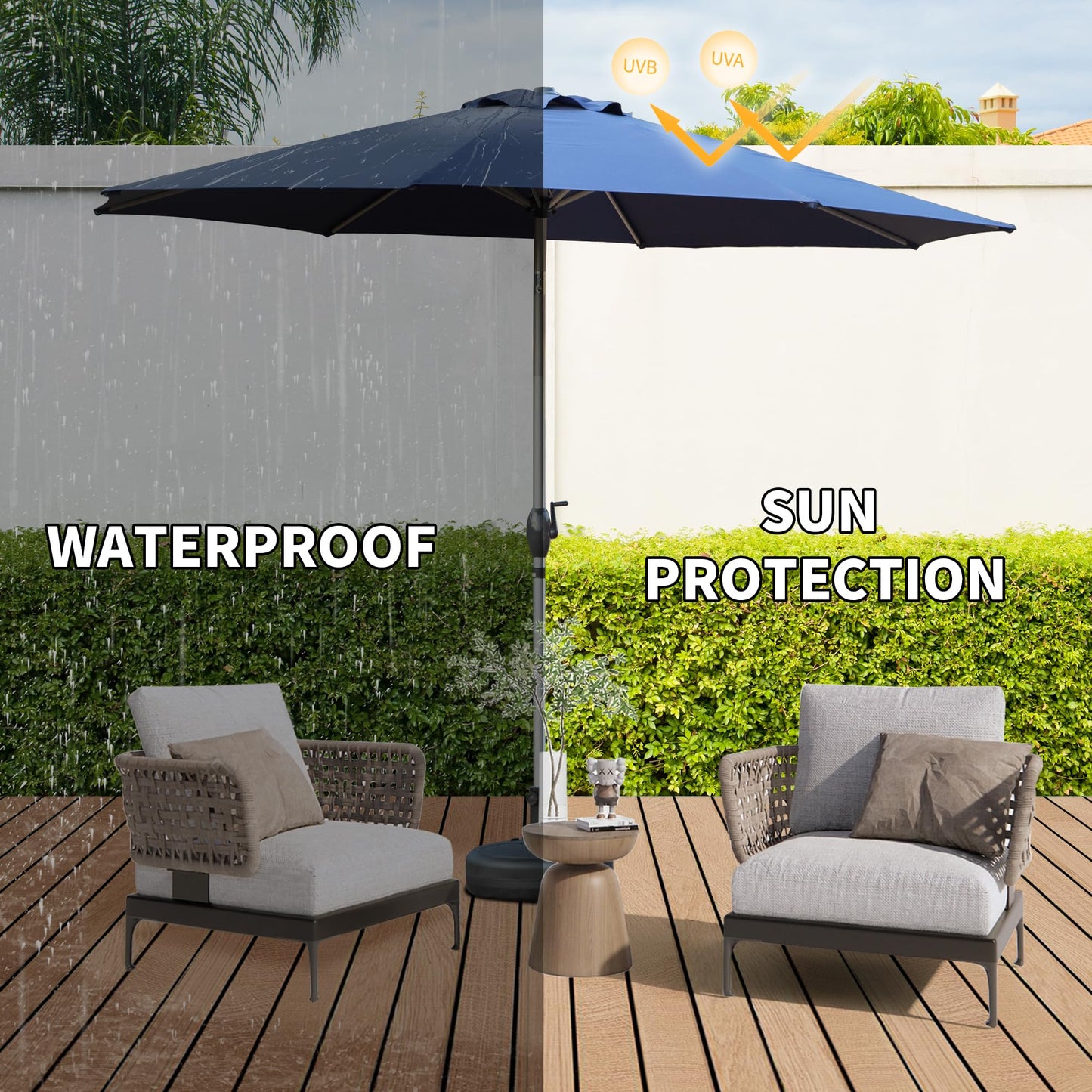 10FT Patio Umbrella, Outdoor Table Umbrella with Push Button Tilt and Crank, UV Protection Waterproof Market Sun Umbrella with 8 Sturdy Ribs for Garden, Deck, Backyard, Pool (Navy Blue)