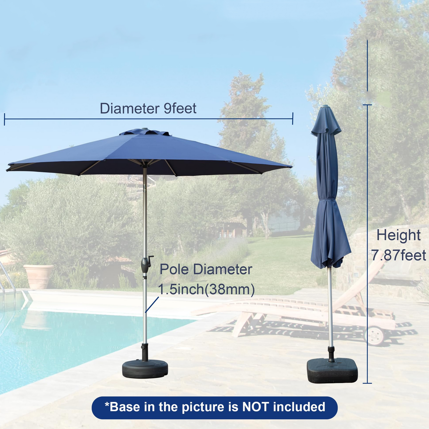 9FT Patio Umbrella, Outdoor Table Umbrella with Push Button Tilt and Crank, UV Protection Waterproof Market Sun Umbrella with 8 Sturdy Ribs for Garden, Deck, Backyard, Pool (Navy Blue)