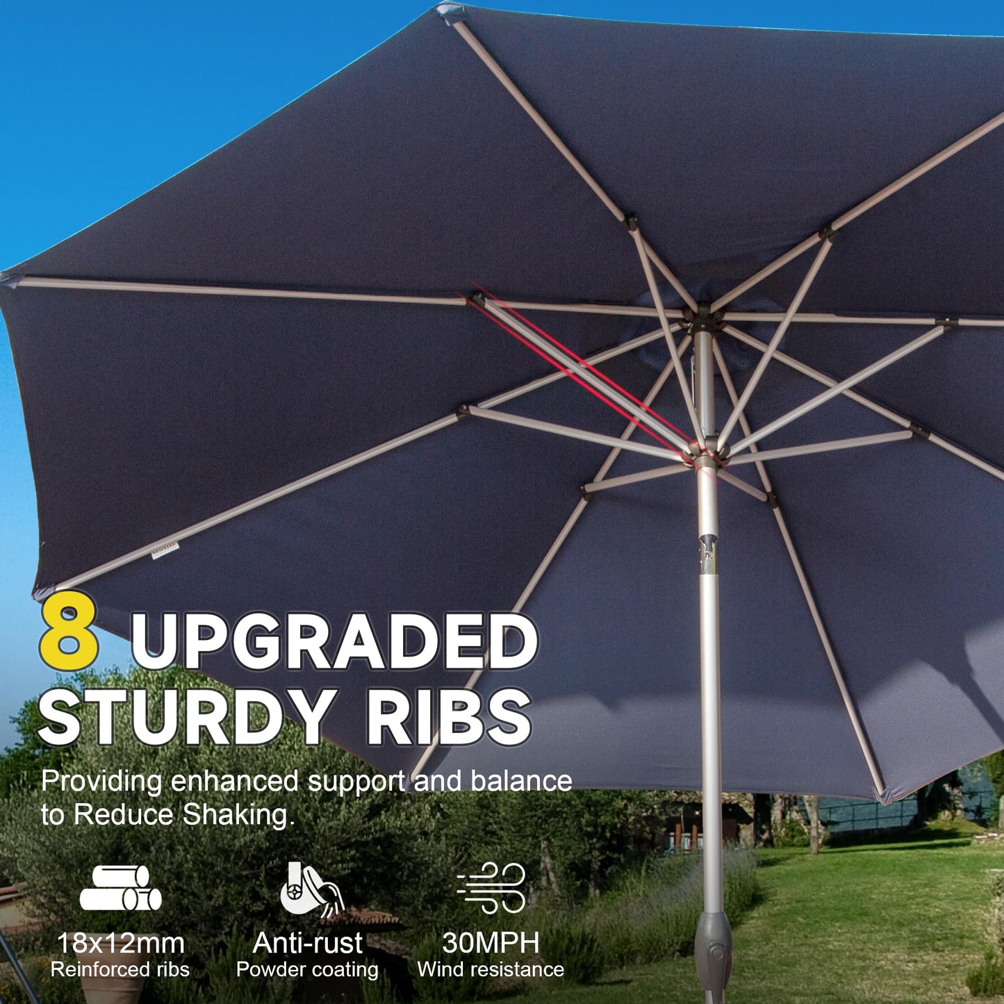 9FT Patio Umbrella, Outdoor Table Umbrella with Push Button Tilt and Crank, UV Protection Waterproof Market Sun Umbrella with 8 Sturdy Ribs for Garden, Deck, Backyard, Pool (Navy Blue)