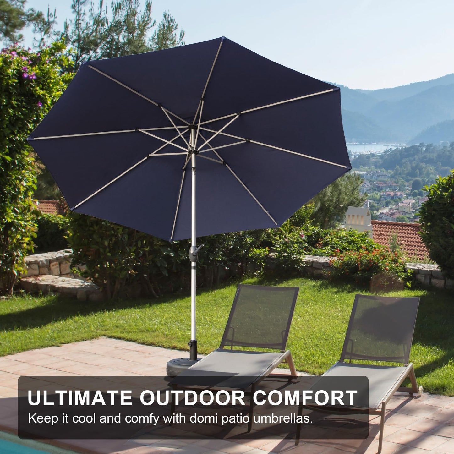 9FT Patio Umbrella, Outdoor Table Umbrella with Push Button Tilt and Crank, UV Protection Waterproof Market Sun Umbrella with 8 Sturdy Ribs for Garden, Deck, Backyard, Pool (Navy Blue)