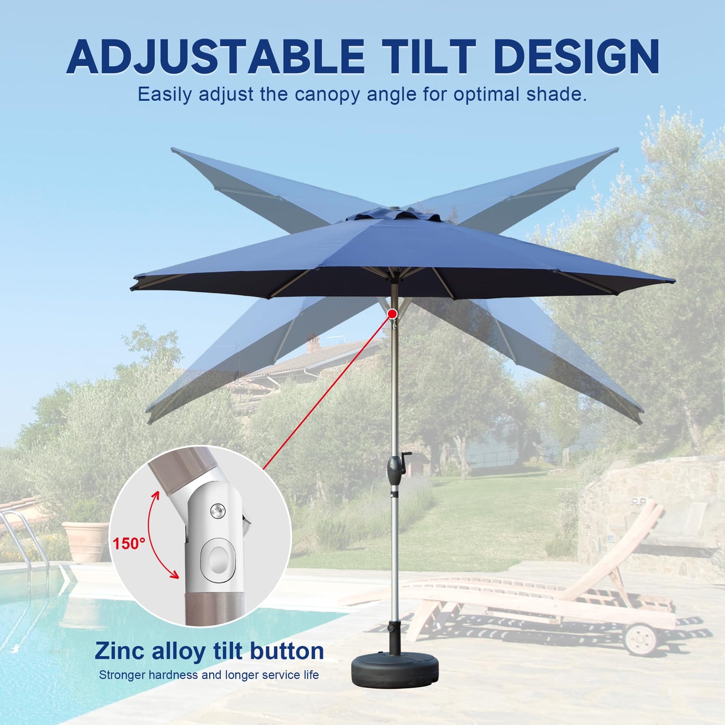 9FT Patio Umbrella, Outdoor Table Umbrella with Push Button Tilt and Crank, UV Protection Waterproof Market Sun Umbrella with 8 Sturdy Ribs for Garden, Deck, Backyard, Pool (Navy Blue)