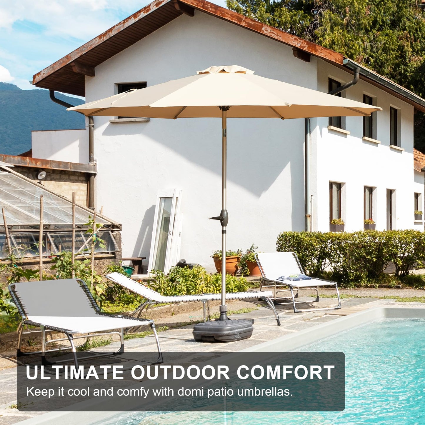 9FT Patio Umbrella, Outdoor Table Umbrella with Push Button Tilt and Crank, UV Protection Waterproof Market Sun Umbrella with 8 Sturdy Ribs for Garden, Deck, Backyard, Pool (Beige)