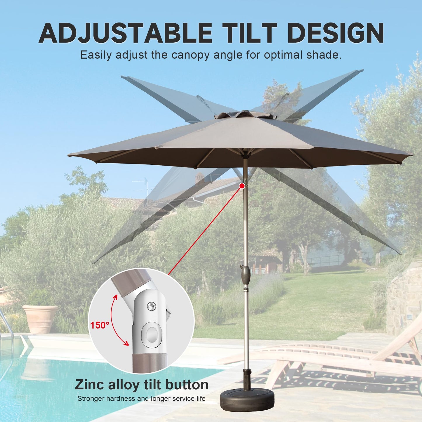 9FT Patio Umbrella, Outdoor Table Umbrella with Push Button Tilt and Crank, UV Protection Waterproof Market Sun Umbrella with 8 Sturdy Ribs for Garden, Deck, Backyard, Pool (Gray)