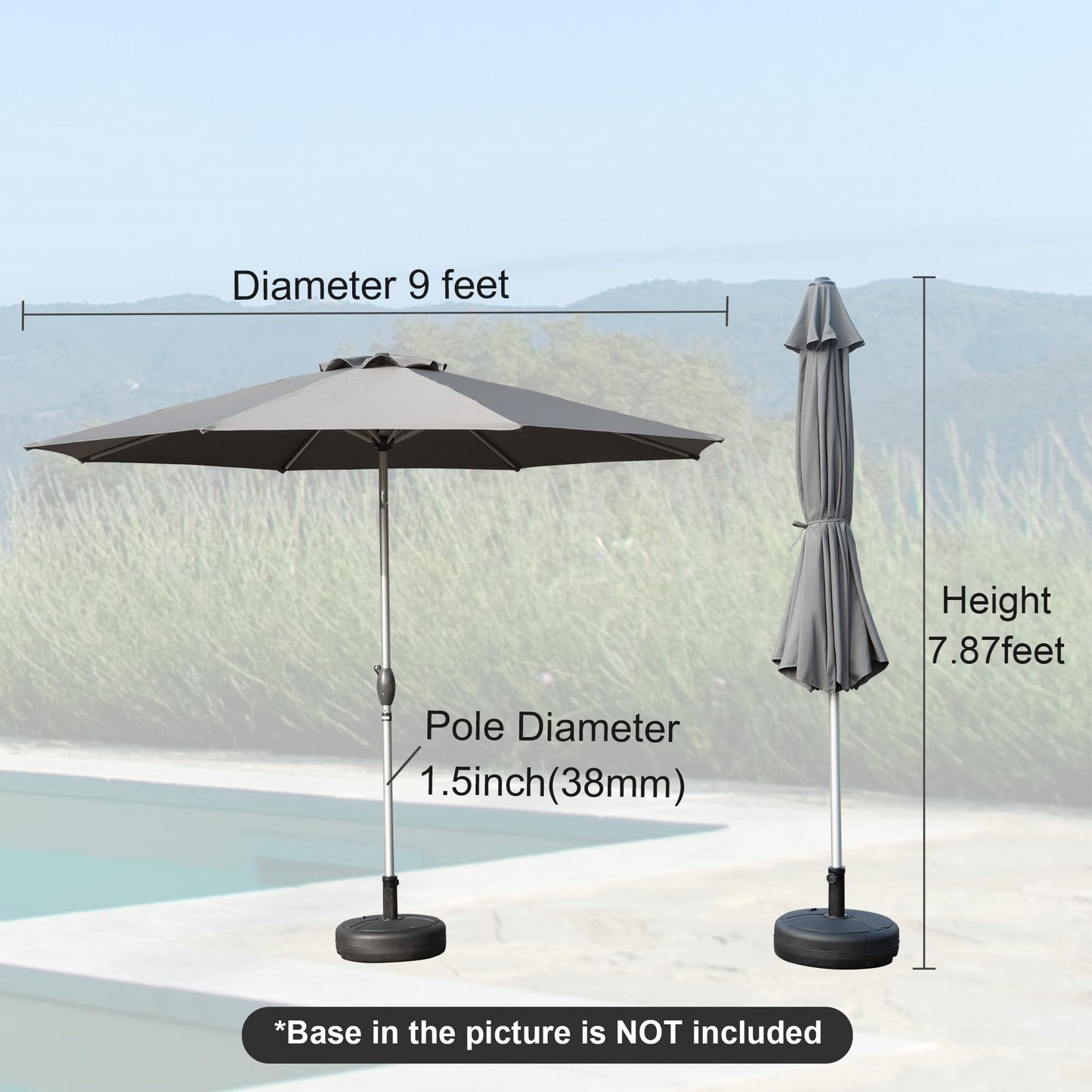 9FT Patio Umbrella, Outdoor Table Umbrella with Push Button Tilt and Crank, UV Protection Waterproof Market Sun Umbrella with 8 Sturdy Ribs for Garden, Deck, Backyard, Pool (Gray)