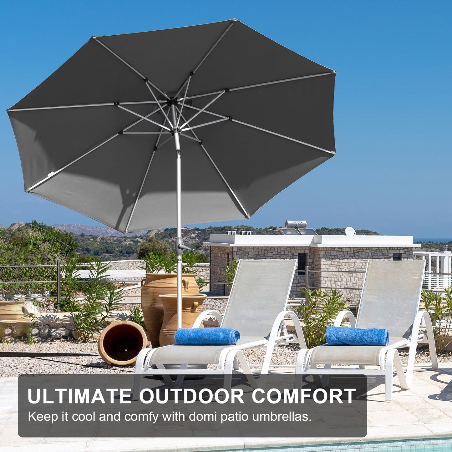 9FT Patio Umbrella, Outdoor Table Umbrella with Push Button Tilt and Crank, UV Protection Waterproof Market Sun Umbrella with 8 Sturdy Ribs for Garden, Deck, Backyard, Pool (Gray)