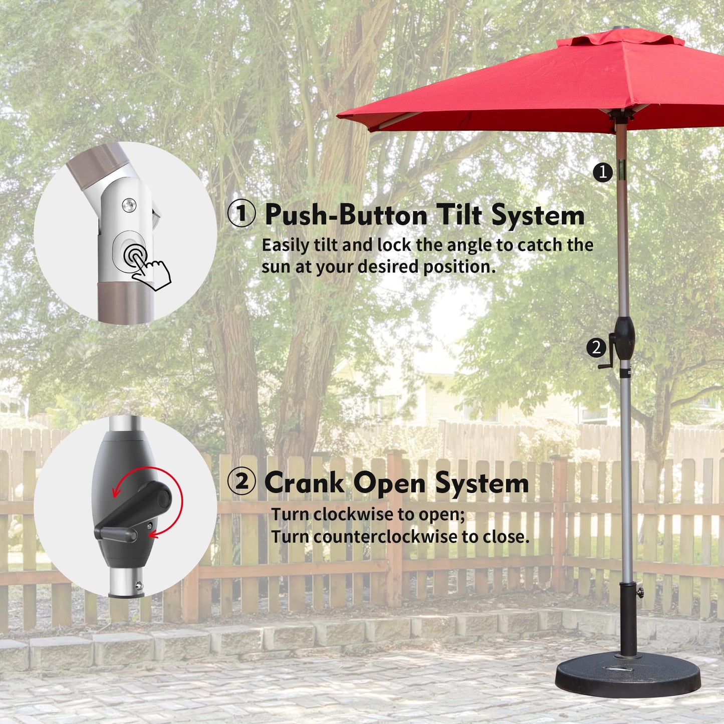 7.5FT Patio Umbrella, Outdoor Table Umbrella with Push Button Tilt and Crank, UV Protection Waterproof Market Sun Umbrella with 6 Sturdy Ribs for Garden, Deck, Backyard, Pool (Brick Red)