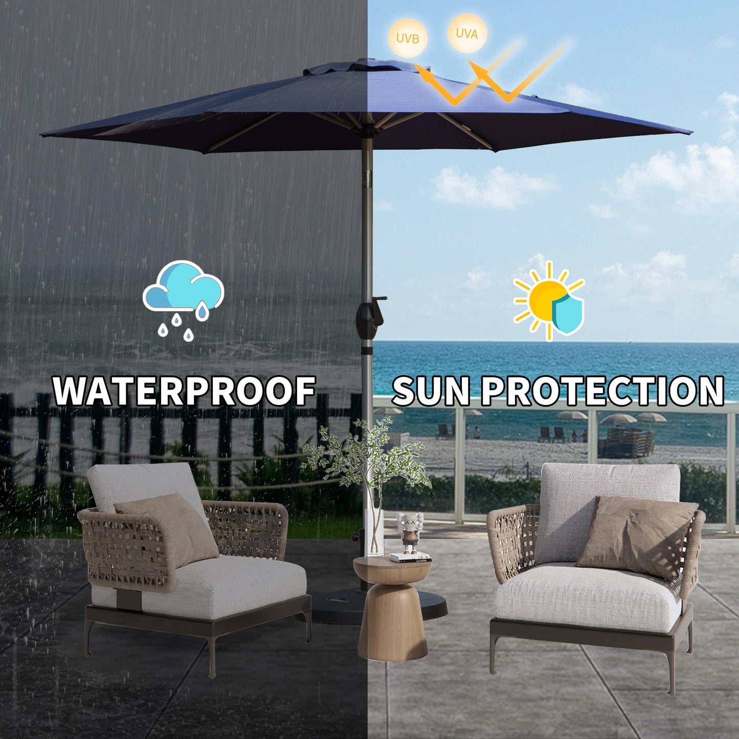 7.5FT Patio Umbrella, Outdoor Table Umbrella with Push Button Tilt and Crank, UV Protection Waterproof Market Sun Umbrella with 6 Sturdy Ribs for Garden, Deck, Backyard, Pool (Navy Blue)