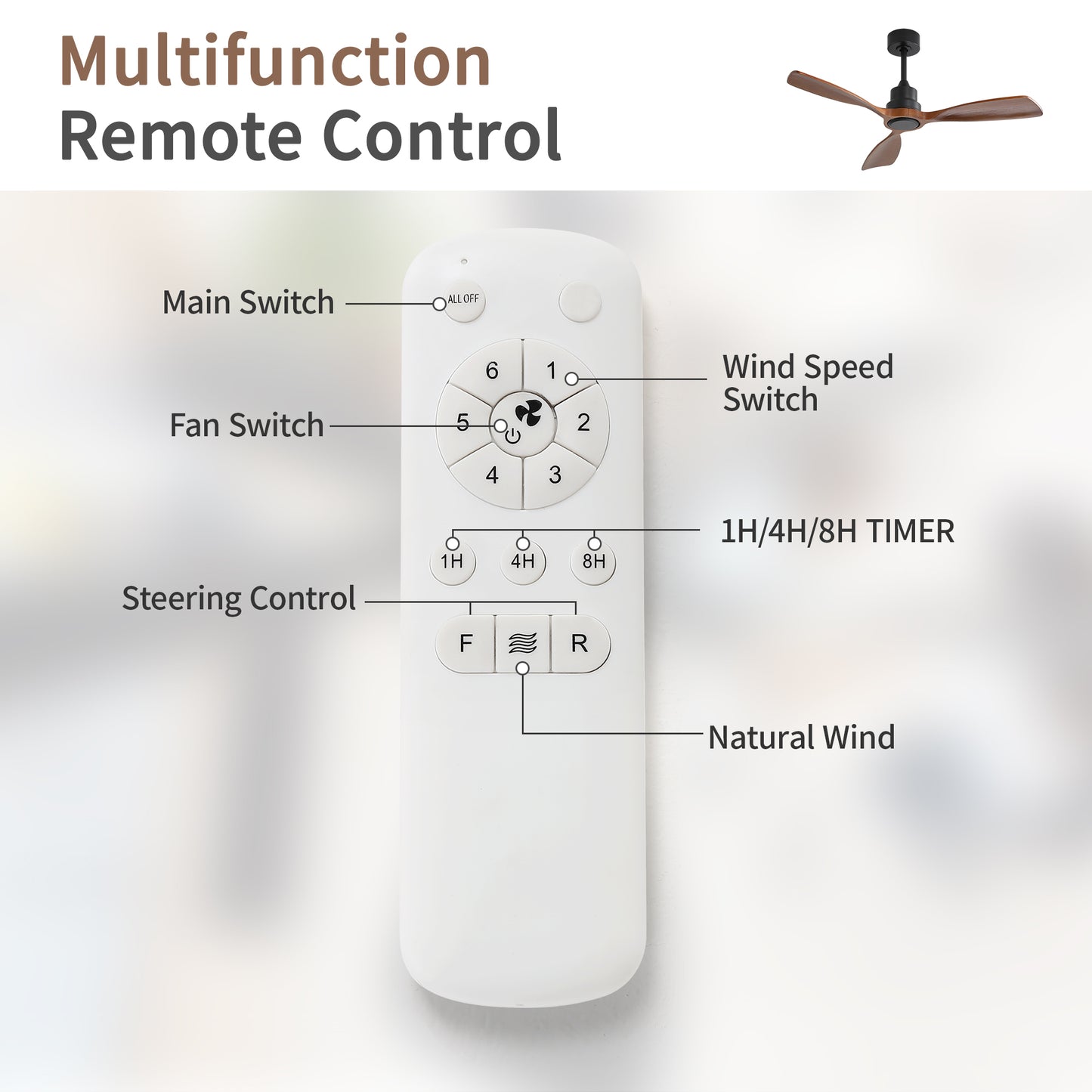 48 Inch Ceiling Fan Without Light, 3 Solid Wood Blades Indoor&Outdoor Ceiling Fan 6-speed Reversible DC Motor for Living Room