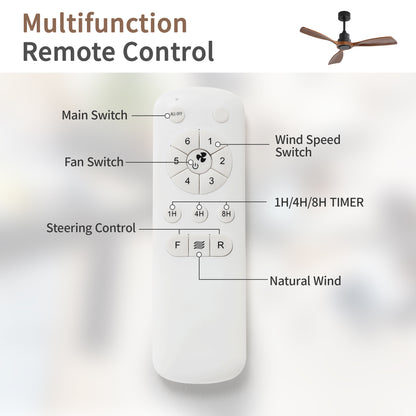 48 Inch Ceiling Fan Without Light, 3 Solid Wood Blades Indoor&Outdoor Ceiling Fan 6-speed Reversible DC Motor for Living Room