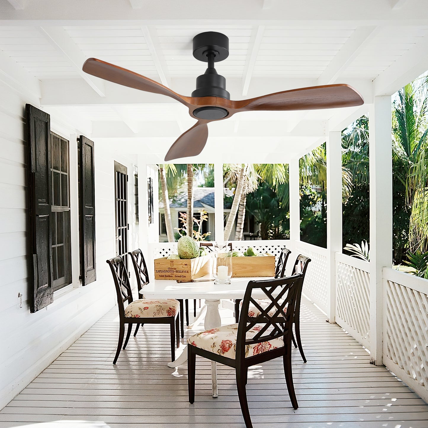 48 Inch Ceiling Fan Without Light, 3 Solid Wood Blades Indoor&Outdoor Ceiling Fan 6-speed Reversible DC Motor for Living Room