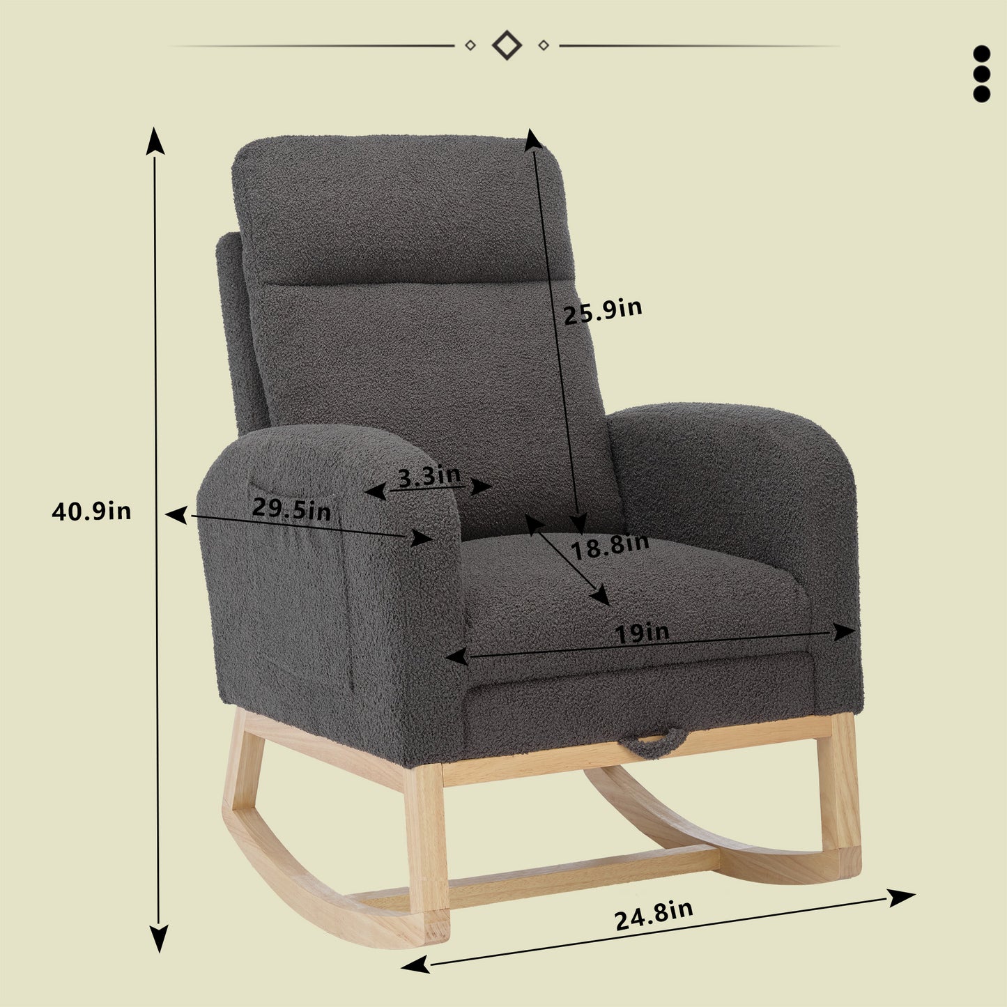Modern Accent Rocking Chair Rocking Chair with Solid Wood Legs, Upholstered Nursery Glider Rocker, Comfy Armchair with Side Pocket, Living Room Lounge Arm Chair with High Backrest Teddy