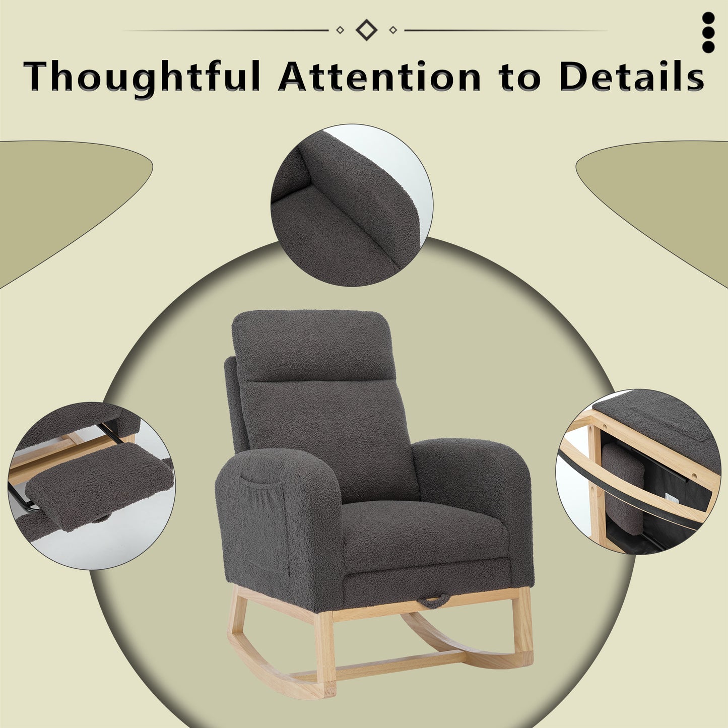 Modern Accent Rocking Chair Rocking Chair with Solid Wood Legs, Upholstered Nursery Glider Rocker, Comfy Armchair with Side Pocket, Living Room Lounge Arm Chair with High Backrest Teddy