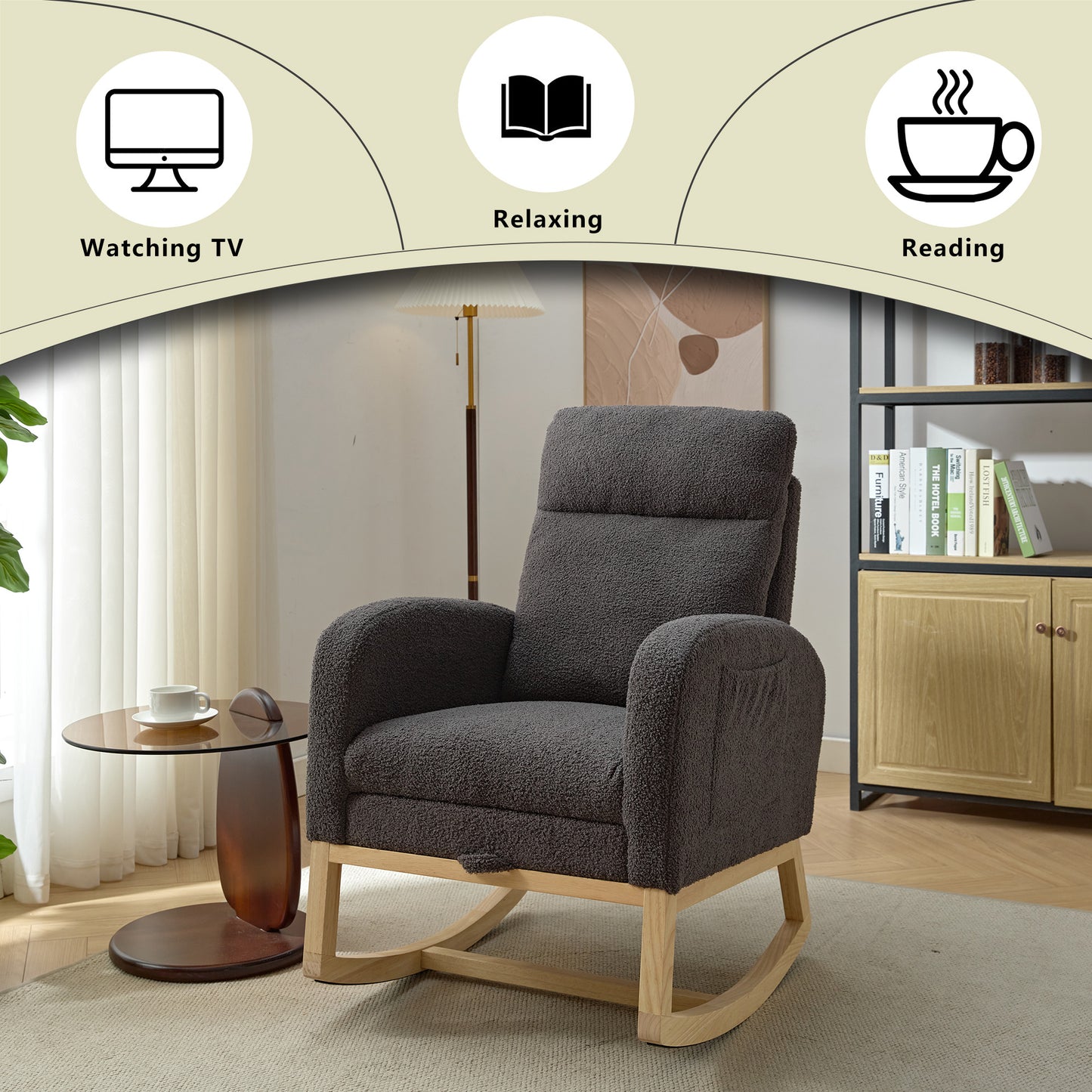 Modern Accent Rocking Chair Rocking Chair with Solid Wood Legs, Upholstered Nursery Glider Rocker, Comfy Armchair with Side Pocket, Living Room Lounge Arm Chair with High Backrest Teddy