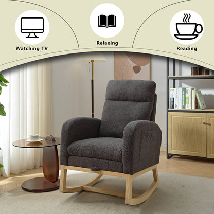 Modern Accent Rocking Chair Rocking Chair with Solid Wood Legs, Upholstered Nursery Glider Rocker, Comfy Armchair with Side Pocket, Living Room Lounge Arm Chair with High Backrest Teddy