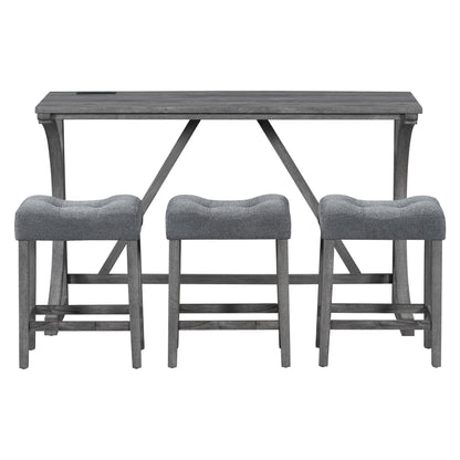 Bar Table Set with Power Outlet, Bar Table and Chairs Set, 4 Piece Dining Table Set, Industrial Breakfast Table Set, for Living Room, Dining Room, Game Room