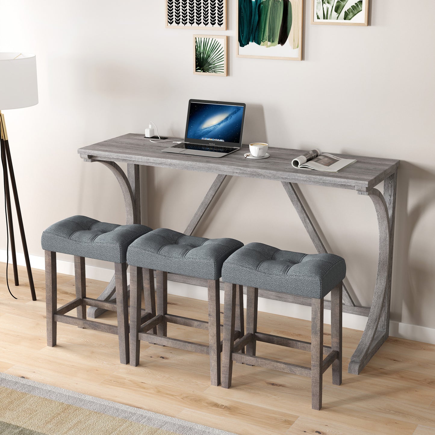 Bar Table Set with Power Outlet, Bar Table and Chairs Set, 4 Piece Dining Table Set, Industrial Breakfast Table Set, for Living Room, Dining Room, Game Room