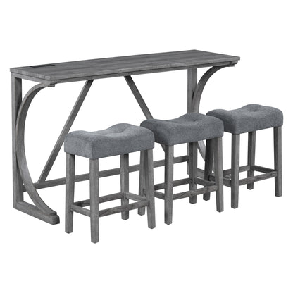 Bar Table Set with Power Outlet, Bar Table and Chairs Set, 4 Piece Dining Table Set, Industrial Breakfast Table Set, for Living Room, Dining Room, Game Room