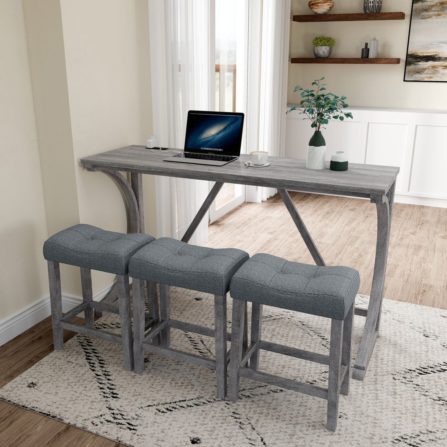 Bar Table Set with Power Outlet, Bar Table and Chairs Set, 4 Piece Dining Table Set, Industrial Breakfast Table Set, for Living Room, Dining Room, Game Room