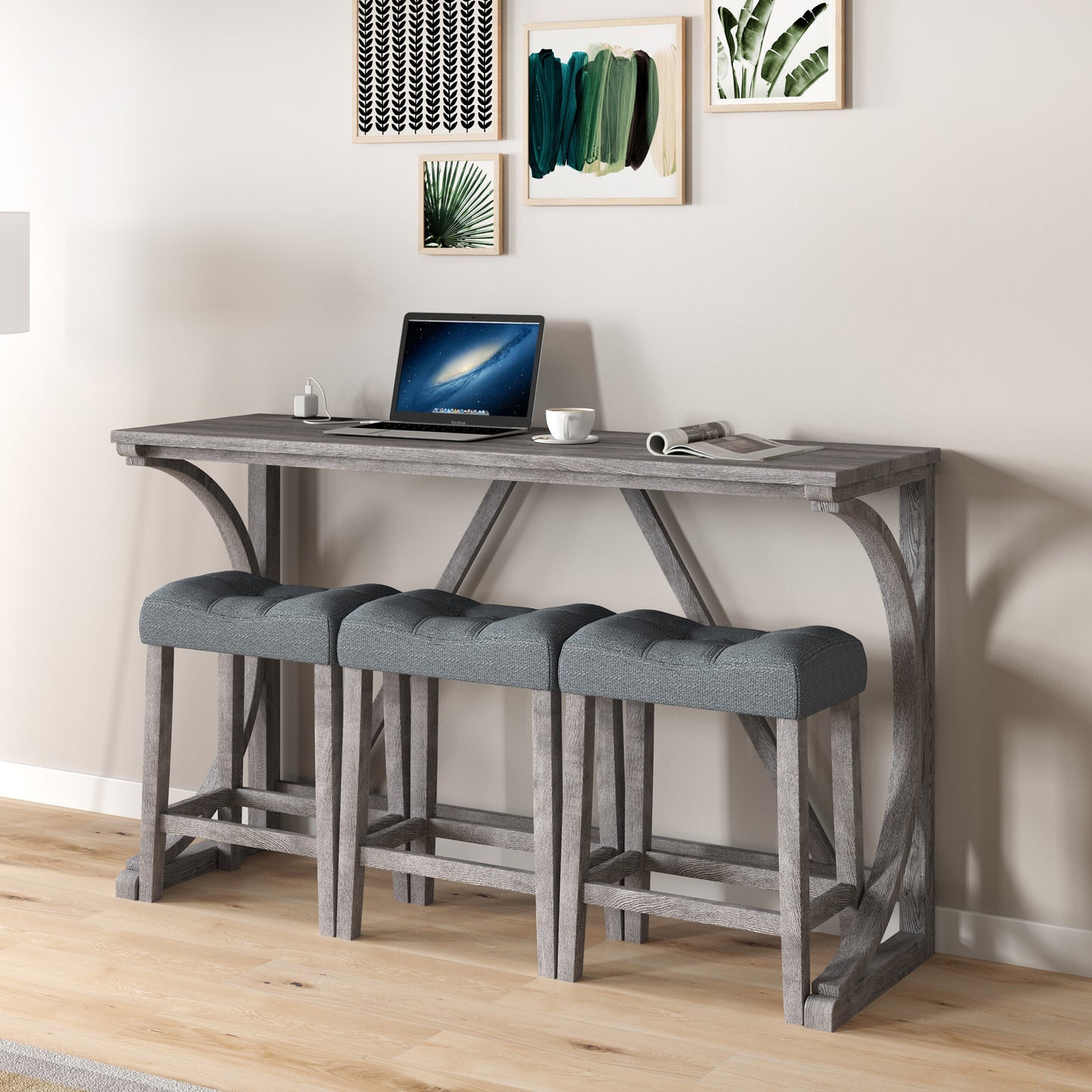 Bar Table Set with Power Outlet, Bar Table and Chairs Set, 4 Piece Dining Table Set, Industrial Breakfast Table Set, for Living Room, Dining Room, Game Room