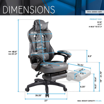 Gaming Racing Style Fully Reclining Executive Office Chair with Footrest, Black & Grey
