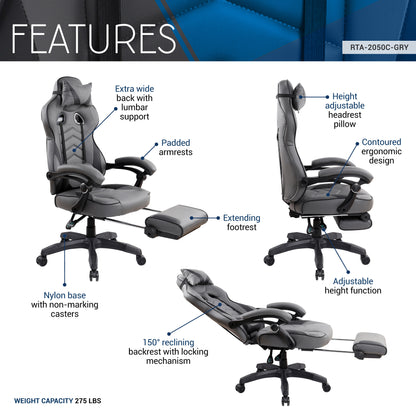 Gaming Racing Style Fully Reclining Executive Office Chair with Footrest, Black & Grey
