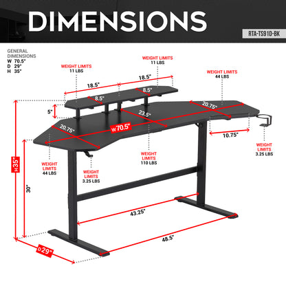 Techni Sport TS911D Gaming Desk with Shelves & Accessory Holder, Black